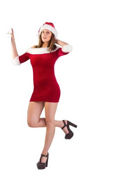 Pretty santa girl posing with hand — Stock Photo, Image