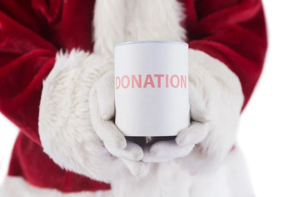 Santa innehar en kan för donationer — Stockfoto