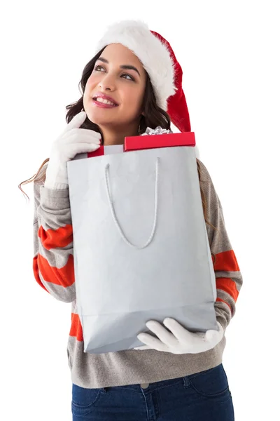 Düşünceli esmer alışveriş çantası hediye tam holding — Stok fotoğraf