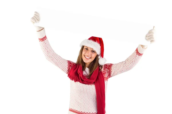 Feestelijke vrouw voorstellende lege banner — Stockfoto