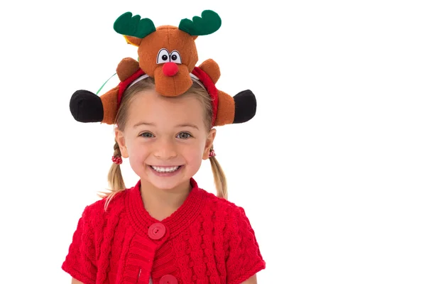 Rudolph kafa bandı giyen sevimli küçük kız — Stok fotoğraf