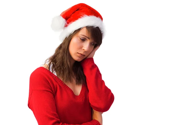 Donna triste in cappello di Babbo Natale tenendo la testa — Foto Stock