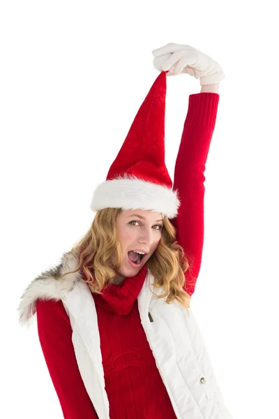 Jubelnde Frau mit Weihnachtsmütze — Stockfoto