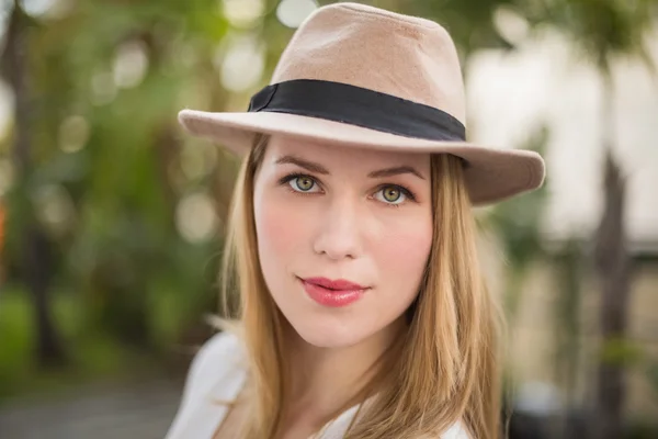 Close up of a blonde woman wearing hat — Stock Photo, Image