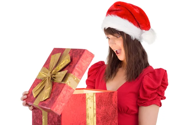 Surprised festive brunette holding a gift Stock Picture