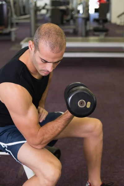 Young man exercising with dumbbell in gym — Stock Photo, Image