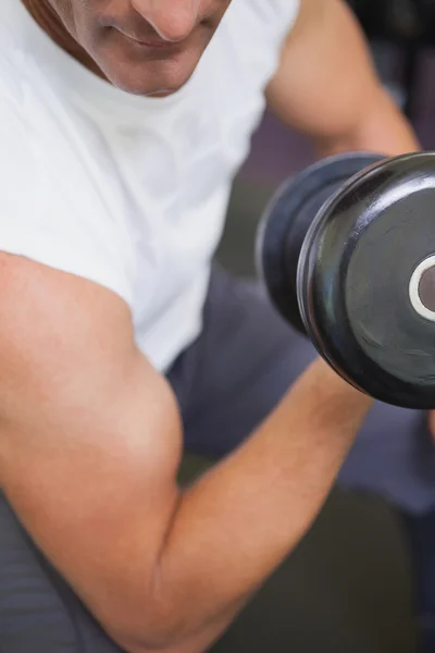 Fit man lifting dumbbells sitting on the bench — Stock Photo, Image