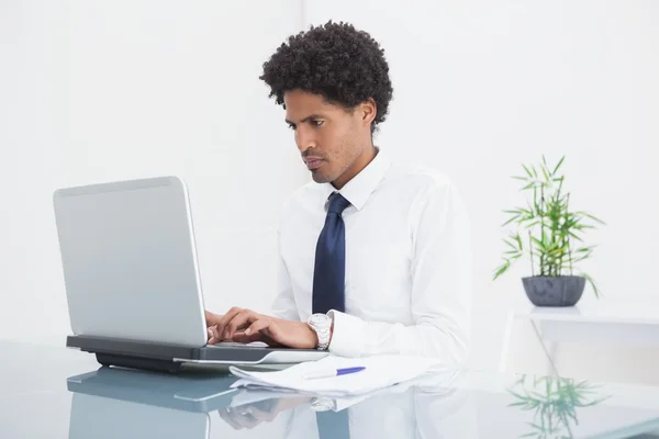 Homem de negócios concentrado usando seu laptop — Fotografia de Stock