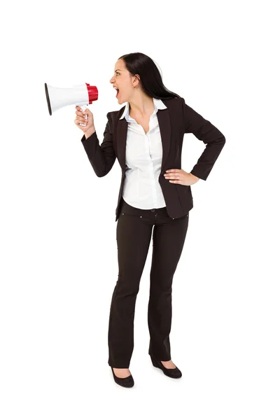 Mulher de negócios bonita gritando com megafone — Fotografia de Stock