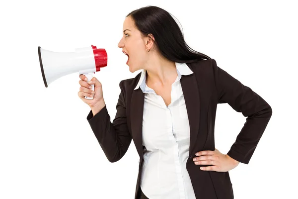 Mooie zakenvrouw schreeuwen met megafoon — Stockfoto