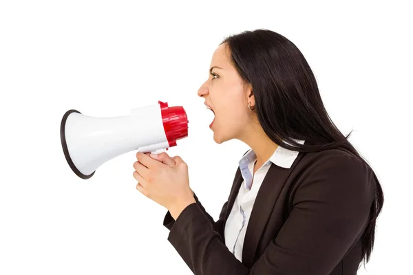 Mujer de negocios bonita gritando con megáfono — Foto de Stock