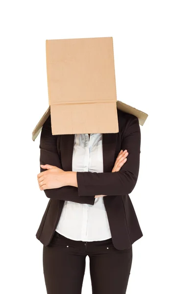 Businesswoman with box over head — Stock Photo, Image
