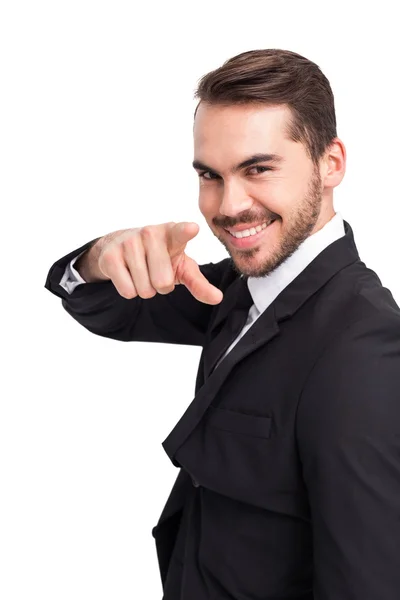 Happy businessman pointing his finger — Stock Photo, Image