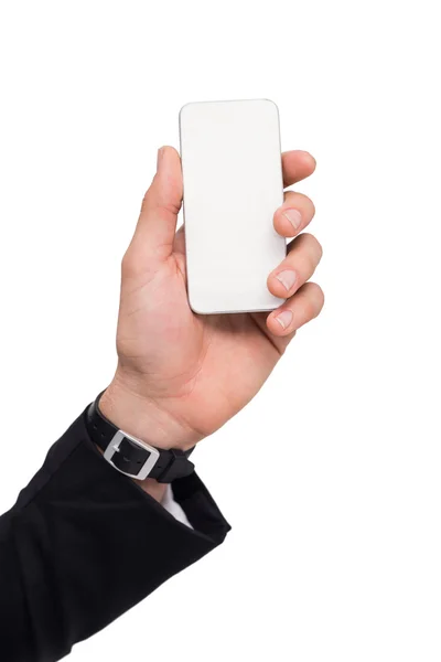 Hand of a businessman with watch holding mobile — Stock Photo, Image