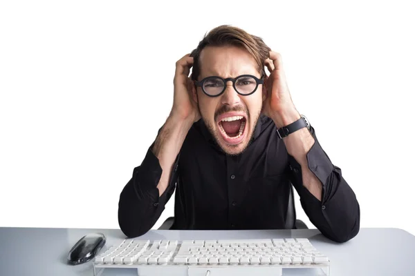 Businessman yelling with his hands on face — Stock Photo, Image