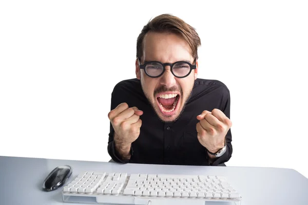 Businessman cheering in front of his computer — Stock Photo, Image