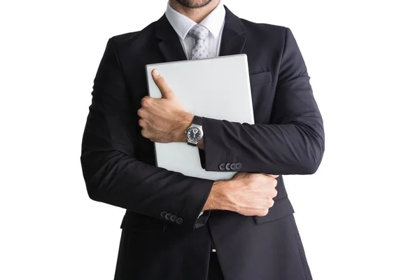 Secção intermédia do empresário detentor de computador — Fotografia de Stock