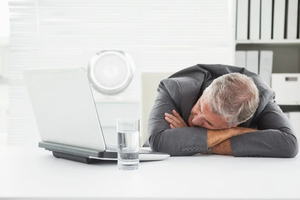 Reifer Geschäftsmann schläft auf Schreibtisch — Stockfoto