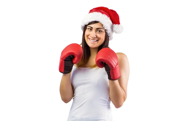 Festive brunette in boxing gloves — Stock Photo, Image