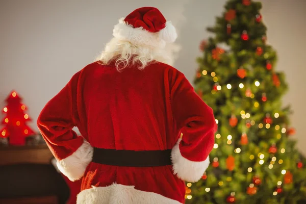 Vista trasera de Santa Claus de pie frente al árbol de Navidad — Foto de Stock