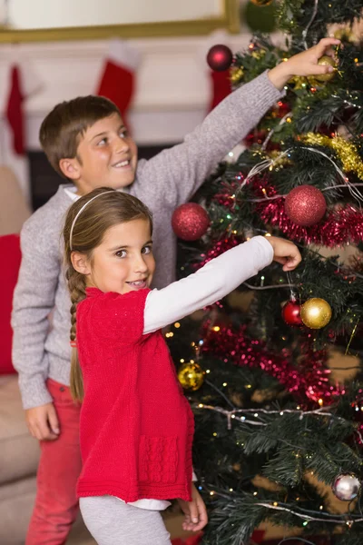 笑みを浮かべて兄と妹のクリスマス ツリーを飾る — ストック写真