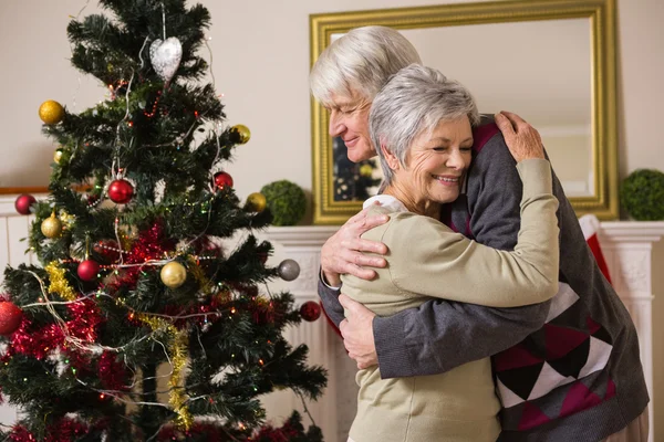 Pareja mayor abrazándose junto a su árbol de Navidad —  Fotos de Stock