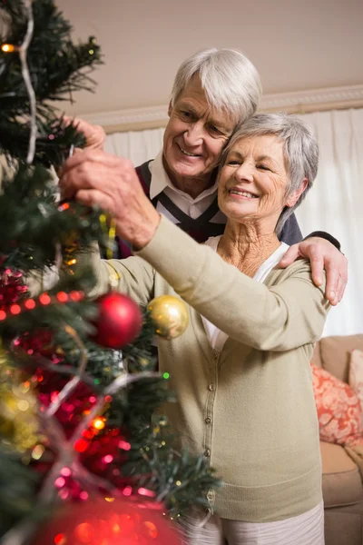 年长的夫妇装饰他们的圣诞树 — 图库照片