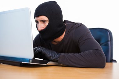 Burglar with balaclava hacking a laptop clipart