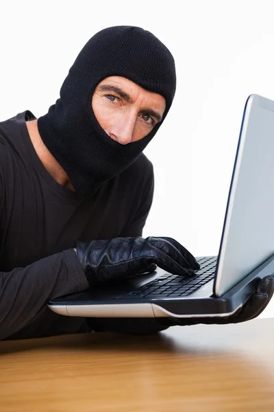 Burglar typing on laptop and looking at camera — Stock Photo, Image