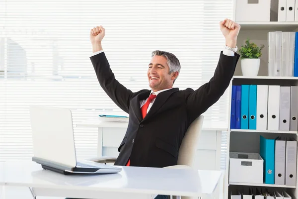 Cheering businessman at his desk — Stock Photo, Image