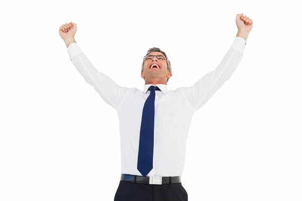 Excited businessman with glasses cheering — Stock Photo, Image