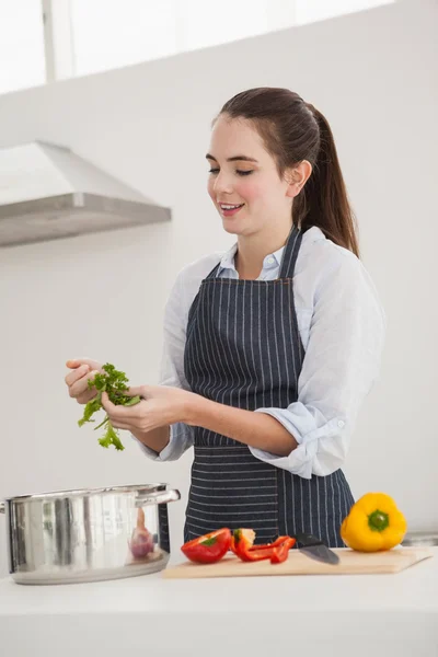 Ładna brunetka gotowania zdrowy posiłek — Zdjęcie stockowe
