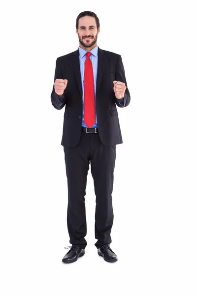 Happy businessman showing something to camera — Stock Photo, Image