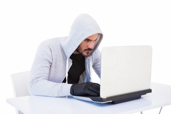 Serious burglar hacking into laptop — Stock Photo, Image