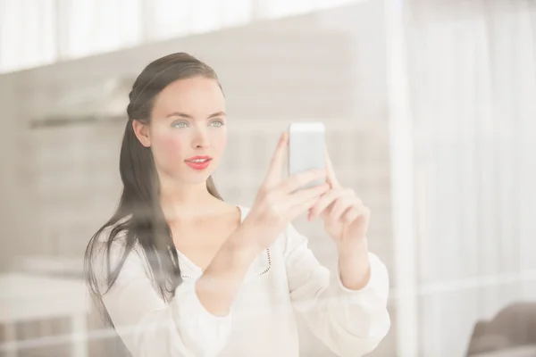 Pretty brunette taking photo on her phone — Stock Photo, Image