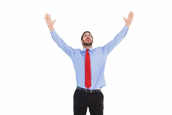Feliz animador empresario levantando sus brazos — Foto de Stock