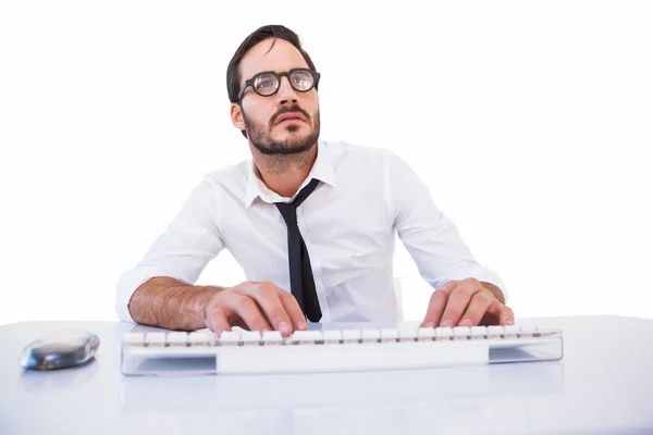 Business worker with reading glasses on computer — Stock Photo, Image