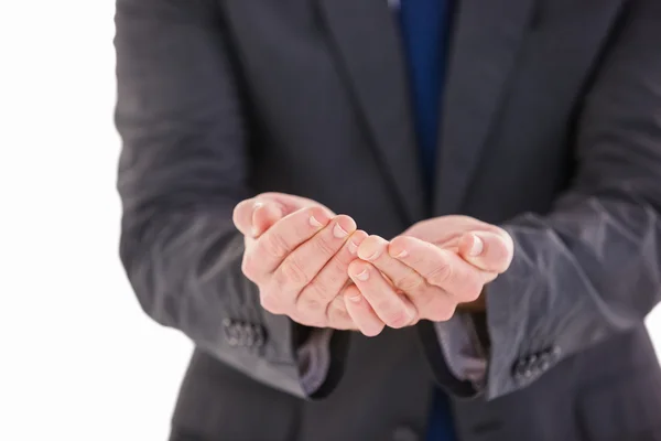 Handsome businessman presenting with hands — Stock Photo, Image