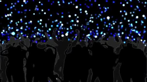 Multitud bailando con brillantes círculos de luz azul sobre negro — Vídeo de stock