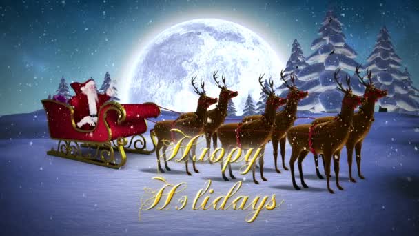 Santa acenando em seu trenó com renas e saudação — Vídeo de Stock