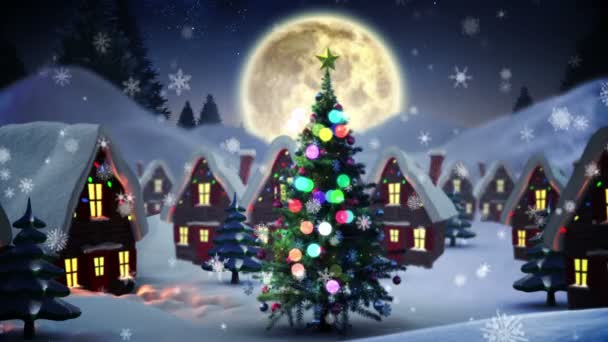 Santa entrega de regalos a la aldea de Navidad — Vídeo de stock