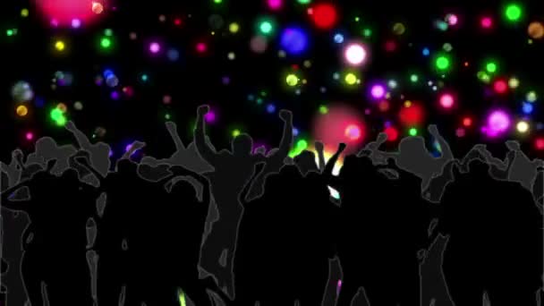 Multitud bailando con brillantes círculos de luz moviéndose sobre negro — Vídeos de Stock