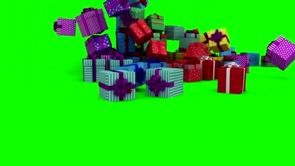 Kerstcadeautjes vallen op groene achtergrond — Stockvideo