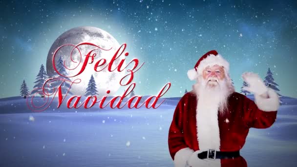 Santa presenta mensaje navideño en paisaje nevado — Vídeo de stock