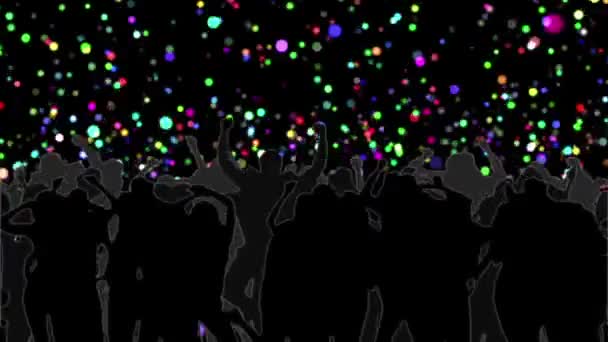 Foule dansante avec des cercles lumineux se déplaçant sur le noir — Video