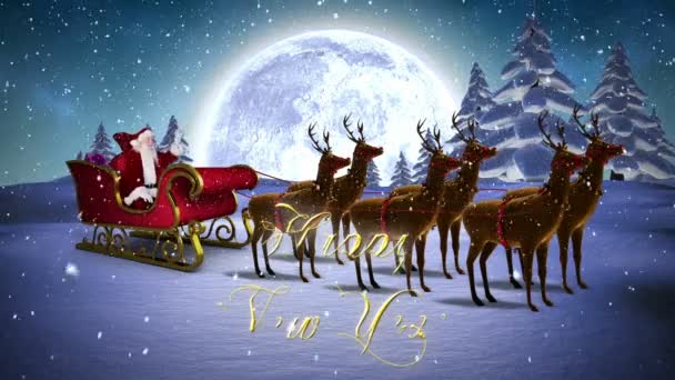 Santa waving in his sleigh with reindeer and greeting — Stock Video