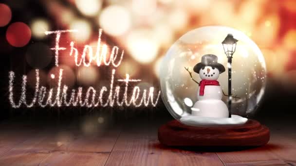 Snowman inside snow globe with magic greeting in german — Stock Video