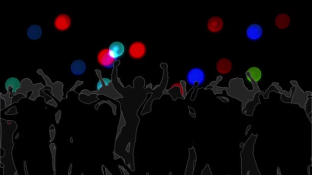 Танцующая толпа со светящимися кругами света, движущимися по черному — стоковое видео