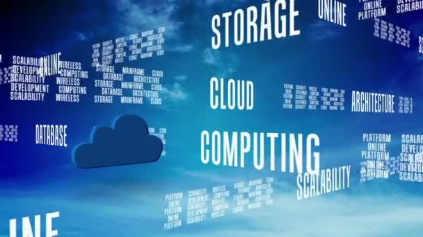 Cloud computing grafika proti modré obloze s textem — Stock video