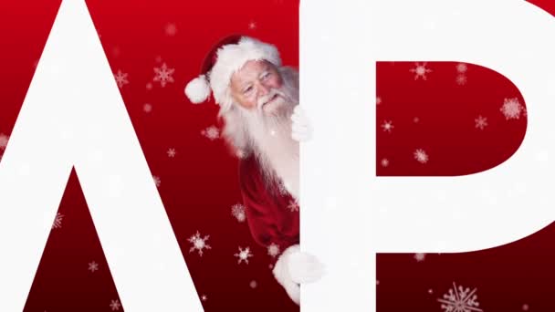 Santa peeking around happy holidays on festive background — Stock Video